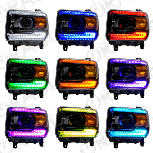 Grid view of GMC Sierra headlights showing different color DRLs.