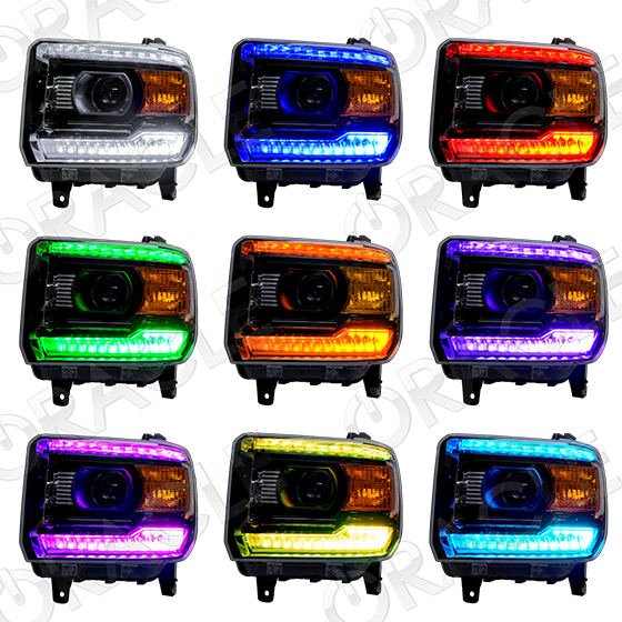 Grid view of GMC Sierra headlights showing different color DRLs.