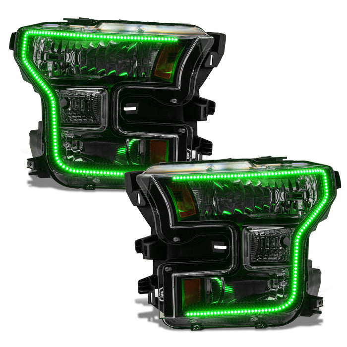 Ford F-150 headlights with green halos.