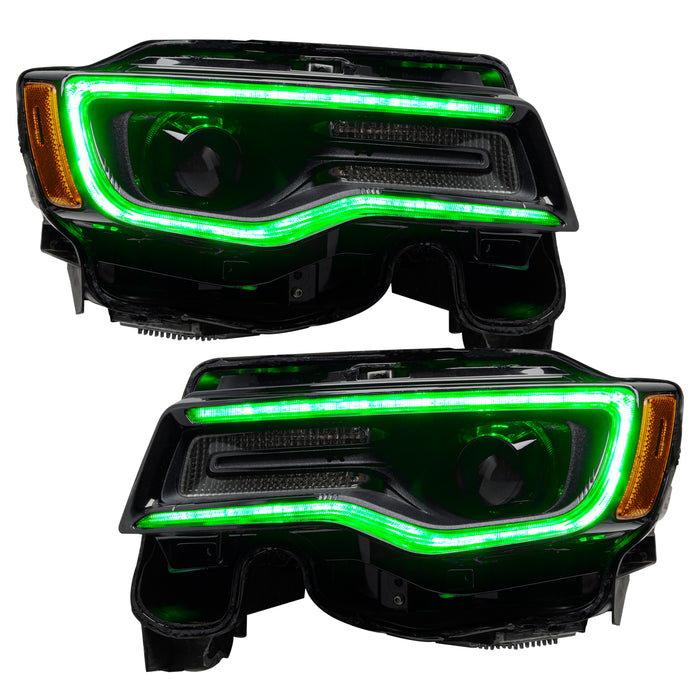Jeep Grand Cherokee headlights with green DRLs.
