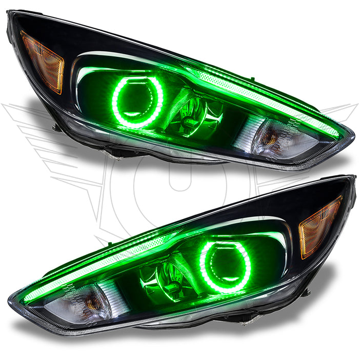 Ford Focus headlights with green halo rings.