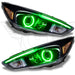 Ford Focus headlights with green halo rings.