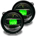 Jeep Wrangler JL headlights with green "Demon Eye" Projectors.