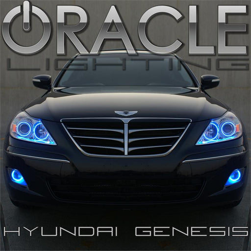 Front end of a Hyundai Genesis with white LED headlight halo rings.