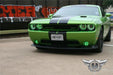 Front end of a green Dodge Challenger with green LED headlight and fog light halo rings installed.