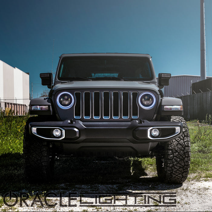 Front view of a Jeep Wrangler with 7" Headlights and Brackets installed.