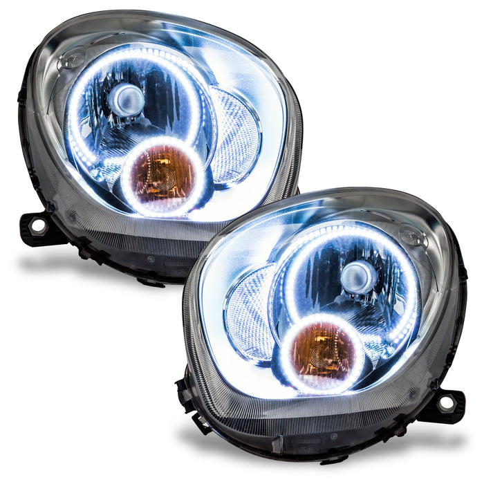 Mini Cooper Countryman headlights with white halo rings.
