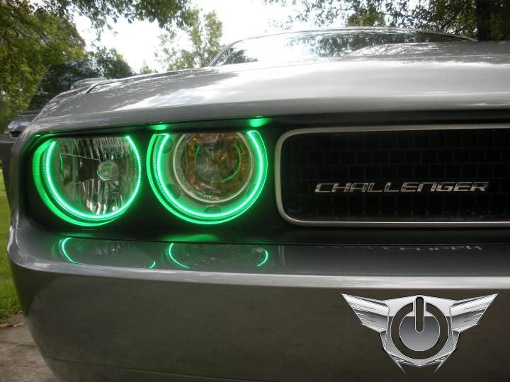 Close-up of LED headlight halo rings installed on a Dodge Challenger.