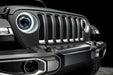 Close-up on the front end of a Jeep with Oculus Headlights installed.