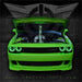Front end of a green Dodge Challenger with green LED headlight halo rings installed.
