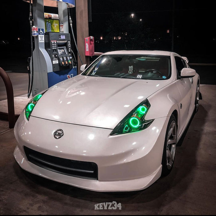 White 370Z at accents with green dual halos