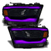 Dodge RAM 1500 headlights with purple DRLs.