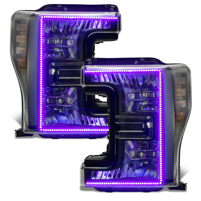 Ford SuperDuty headlights with purple DRLs.