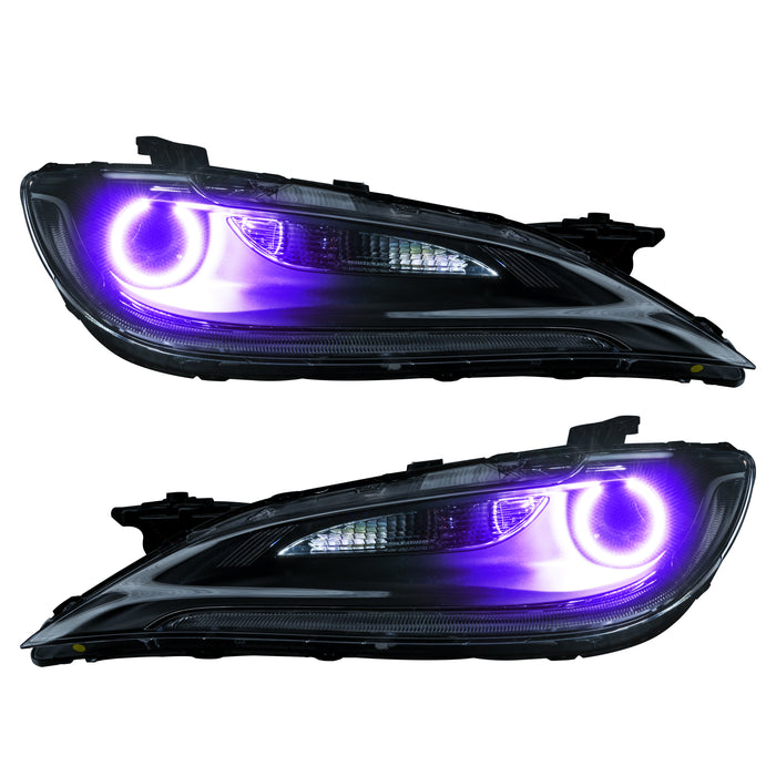 Chrysler 200 headlights with purple LED halo rings.