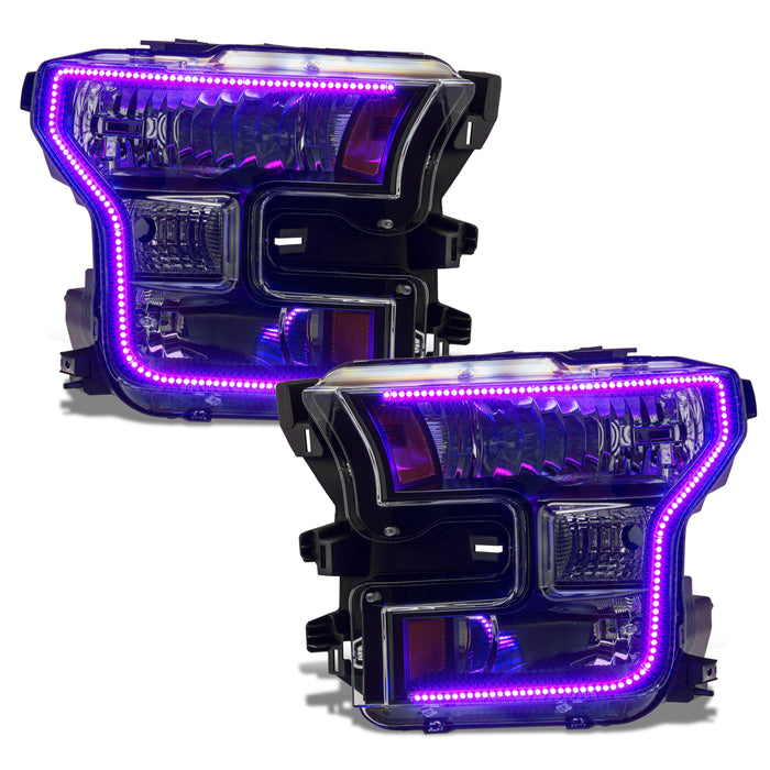 Ford F-150 headlights with purple halos.