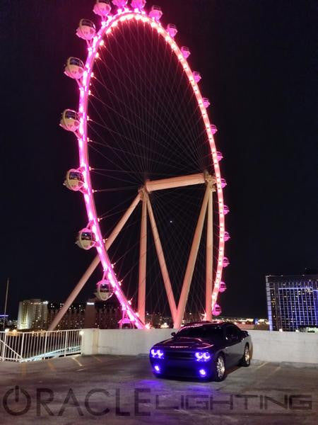 Purple challenger with purple halos with ferris wheel in background