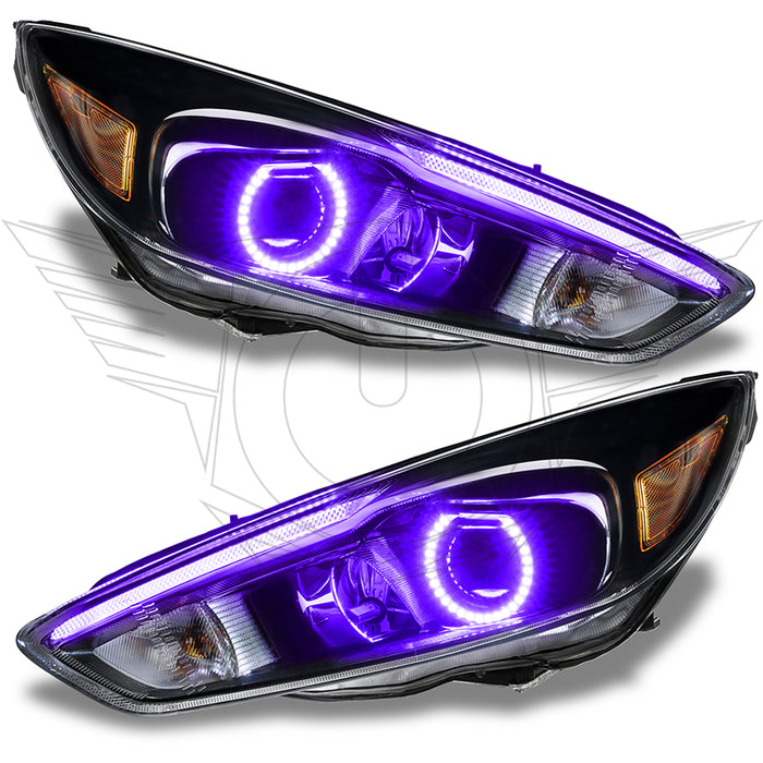 Ford Focus headlights with purple halo rings.