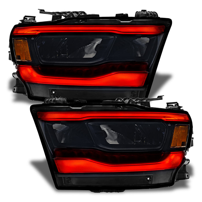 Dodge RAM 1500 headlights with red DRLs.