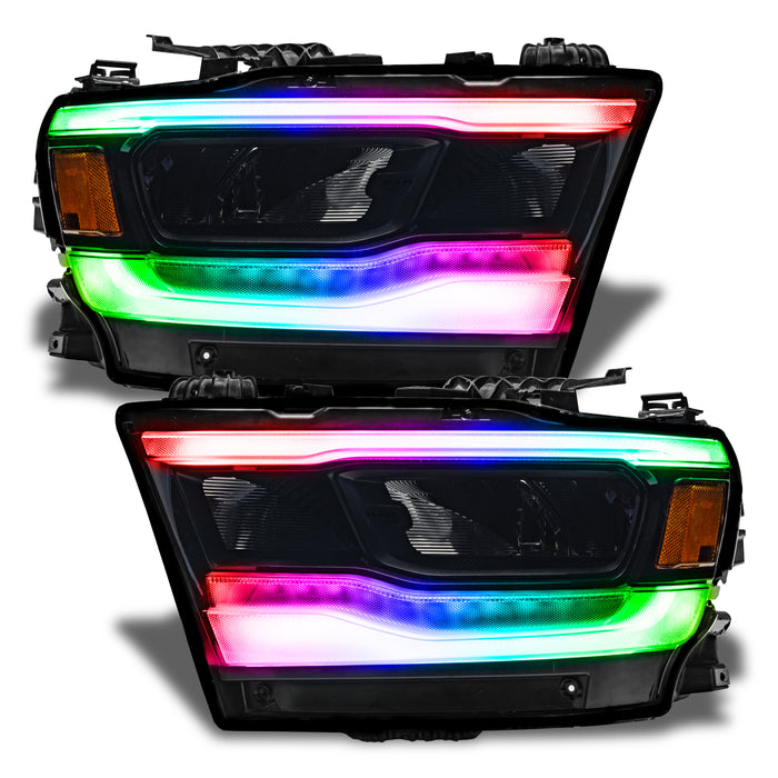 Dodge RAM 1500 headlights with rainbow DRLs.