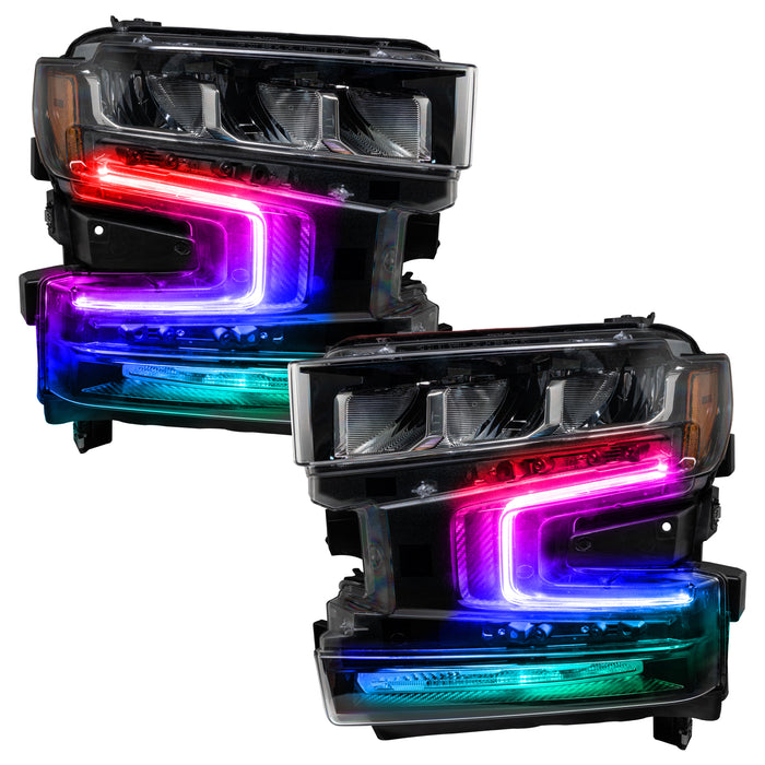 Chevrolet Silverado 1500 headlights with multicolored DRLs.