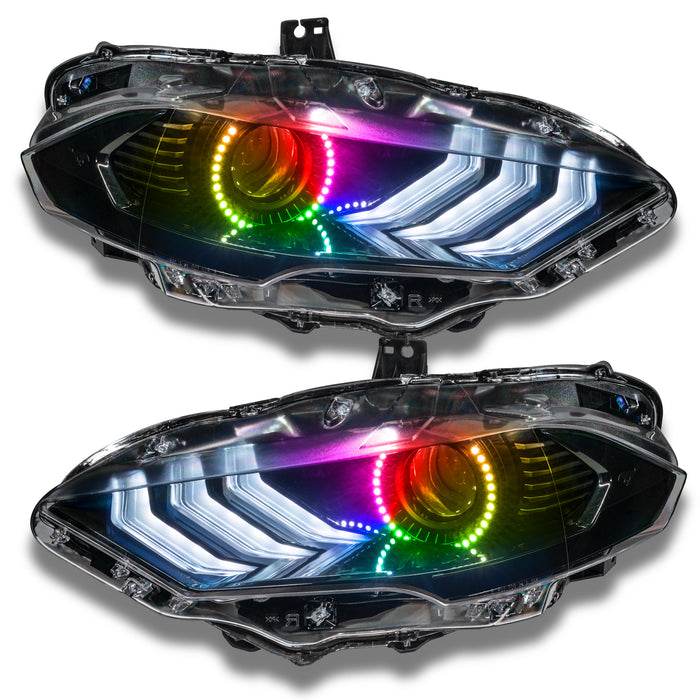 Ford Mustang headlights with rainbow LED halos.