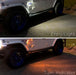 Two photos of Sidetrack™ LED Lighting System installed on a Jeep, demonstrating the entry light feature, and turn indicator feature.