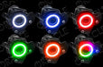 Grid view of Can-Am Spyder headlights showing different color LED halo rings.