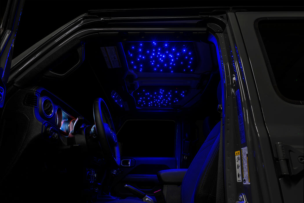 Jeep interior with starliner LED hardtop shining blue