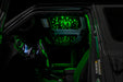 Jeep interior with StarLINER Fiber Optic Hardtop Headliner installed on the roof panels, set to green LEDs.