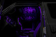 Jeep interior with StarLINER Fiber Optic Hardtop Headliner installed on the roof panels, set to purple LEDs.