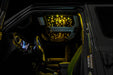 Jeep interior with StarLINER Fiber Optic Hardtop Headliner installed on the roof panels, set to yellow LEDs.