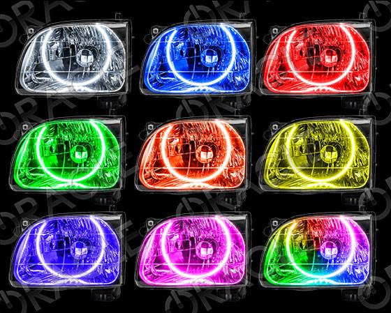 Grid view of Toyota Tacoma headlights showing different color LED halo rings.