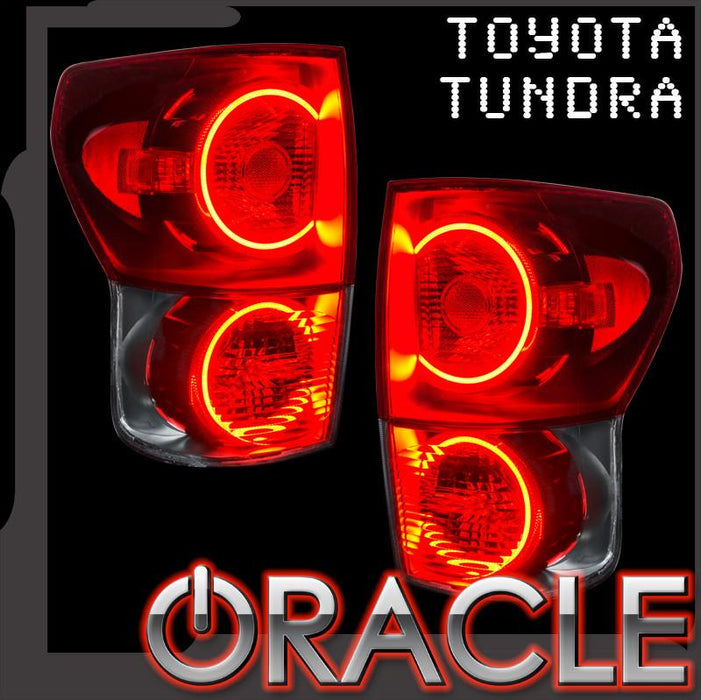 Toyota Tundra tail lights with halos glowing. ORACLE Lighting logo in bottom corner