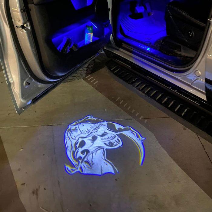 Door open with projection of Trex on the ground