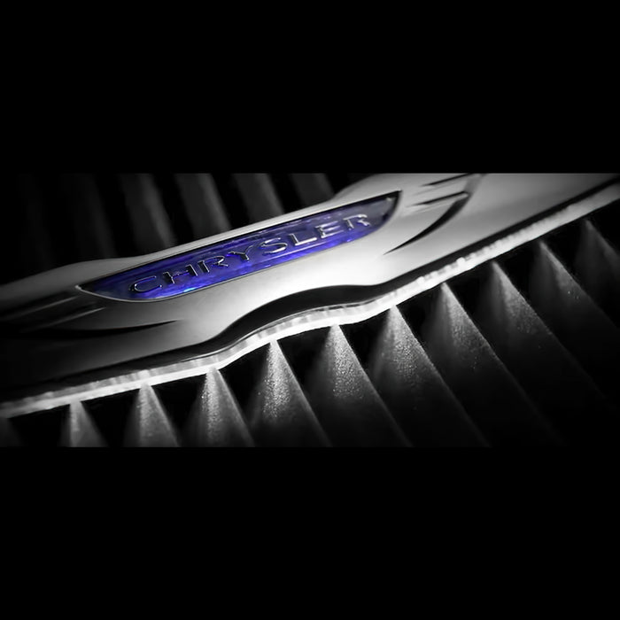 Close-up of Gen II Chrysler Illuminated LED Rear Wing Emblem with white LEDs.