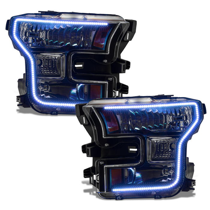 Ford F-150 headlights with white DRLs.