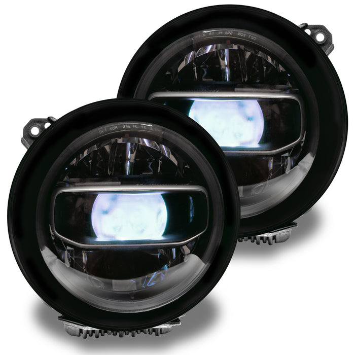 Jeep Wrangler JL headlights with white "Demon Eye" Projectors.