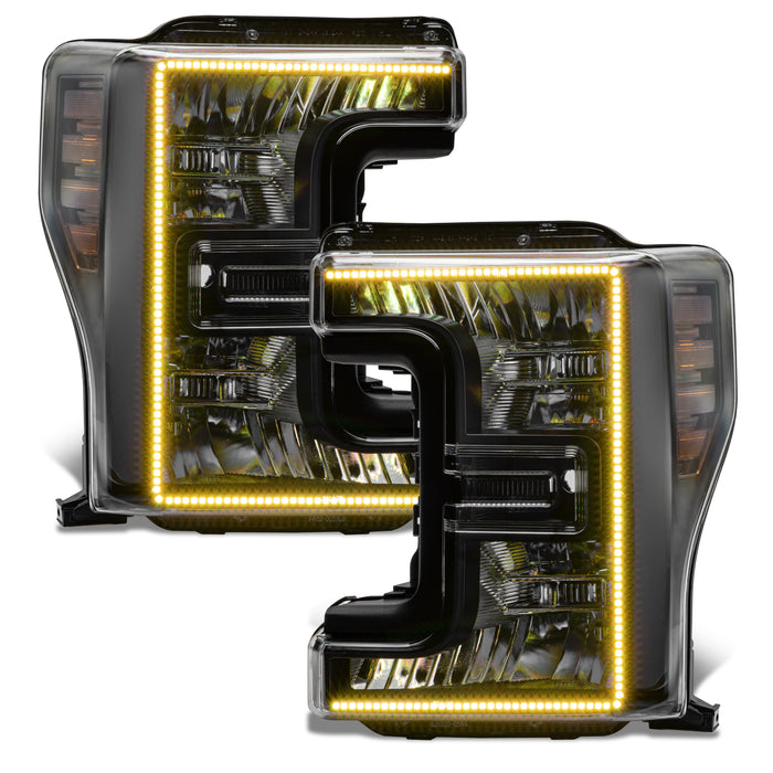 Ford SuperDuty headlights with yellow DRLs.