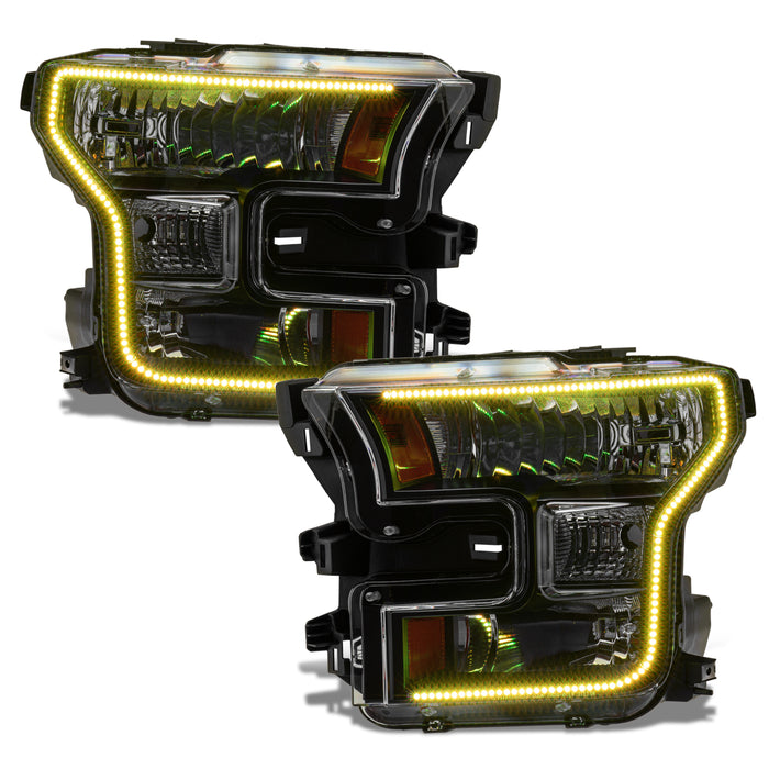 Ford F-150 headlights with yellow halos.