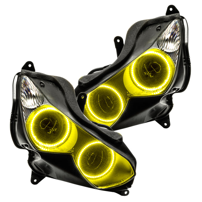 Kawasaki ZX-14R headlights with yellow LED halo rings.