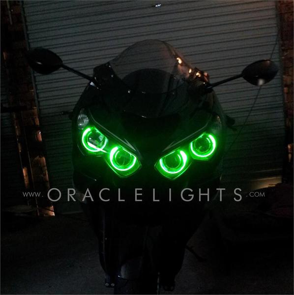 Front view of a Kawasaki ZX-14R with green LED headlight halo rings.